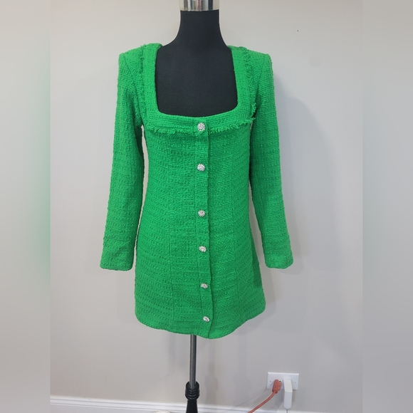 BLOGGER'S FAVE! Zara Elegant Green Tweed Mini Dress With Jewel Buttons NWT - Picture 2 of 9